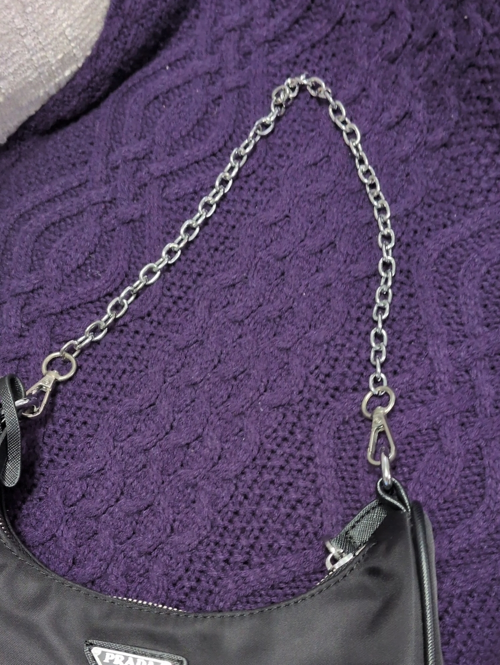 Designer Inspired Black Nylon Shoulder Bag with Silver Chain Strap - Picture 6 of 7